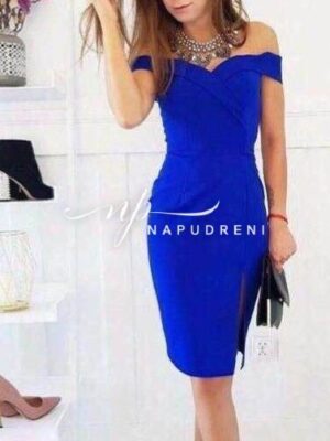 Елегантна рокля с паднали рамена в син цвят - код 7226