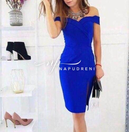 Елегантна рокля с паднали рамена в син цвят - код 7226