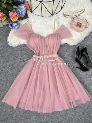 Дамска тюлена рокля в цвят пудра – код 7239