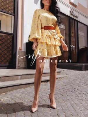 Дамска рокля с къдрички и коланче в жълт цвят - код 7333