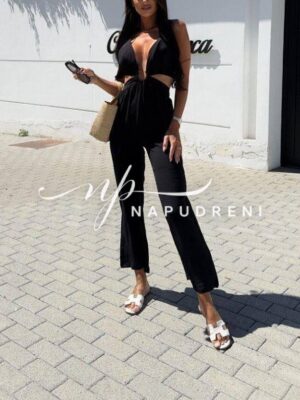 Дамски гащеризон с ефектна кройка в черен цвят - код 7578