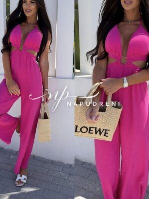 Дамски гащеризон с ефектна кройка в цикламен цвят - код 7577