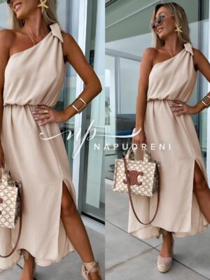 Дамска рокля "Fresh" с едно рамо в бежов цвят - код 7574