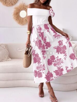 Дамска рокля "Karmen" с розови цветя - код 7648