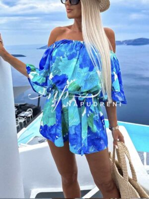 Дамски гащеризон с паднали ръкави със сини и зелени цветя - код 7693