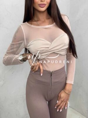 Стилно дамско боди с мрежа в бежов цвят- код 7809