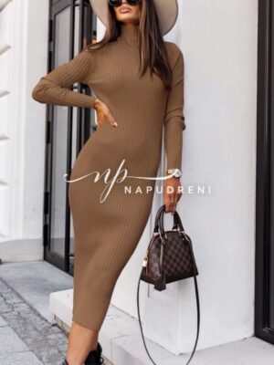 Дамска дълга рокля ''SHARLOT'' в цвят камел - код 7986