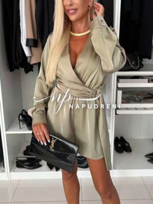 Дамски стилен сатенен гащеризон в бежов цвят- код 7968