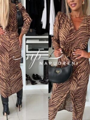 Дамска дълга рокля ''PAOLA'' в бежов цвят с орнаменти - код 8035