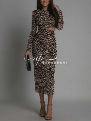 Дамска рокля ''ALESSIA'' в бежов цвят с животински принт - код 7940
