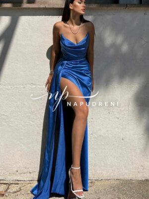 Дълга рокля сатен "Aristella" в син цвят - код 8012