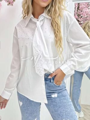 Дамска риза с камъни и вратовръзка в бял цвят - код 8023