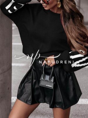 Ватирана блуза с ръкави плетиво в черен цвят - код 8306