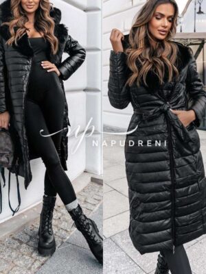 Дамско дълго яке с пух в черен цвят - код 8163