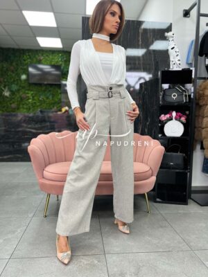 Дамски стилен панталон с колан в сив цвят - код 8161