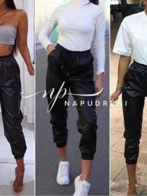 Дамски кожен панталон с връзки в черен цвят - код 8246