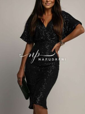 Стилна рокля с къс ръкав и пайети в черен цвят - код 8295