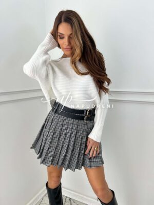 Стилна карирана пола с колан в черно и бяло - код 8423