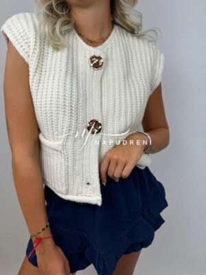 Дамски елек плетиво с копчета в бял цвят - код 8316