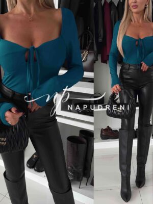 Стилно боди с чашки в цвят тюркоаз - код 8259