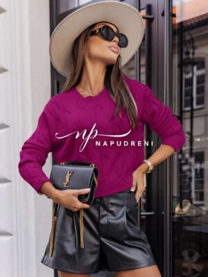 Стилна блуза плетиво с орнаменти в лилав цвят - код 8304