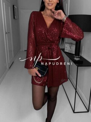 Дамска рокля с пайети и коланче в червен цвят - код 8481