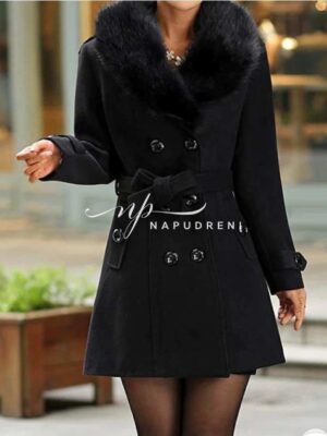 Стилно палто с копчета и пух в черен цвят - код 8352