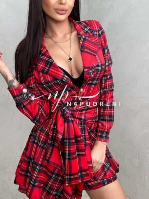 Дамски кариран гащеризон в червен цвят - код 8563