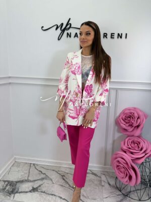 Дамско OVERSIZE сако с розови цветя в бял цвят - код 8760