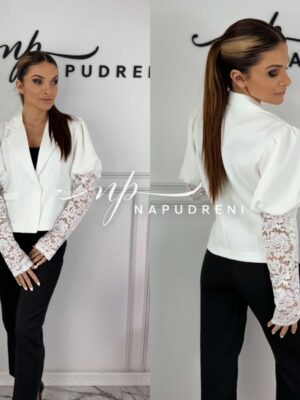 Стилно сако с дантелени ръкави в бял цвят - код 8821