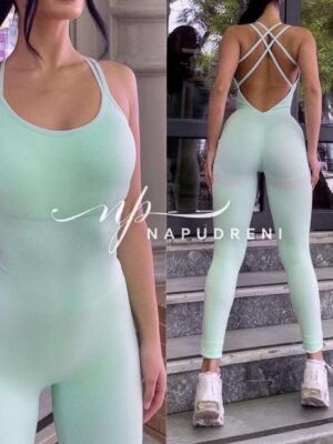 Оформящ гащеризон с тънки презрамки в цвят мента - код 9195