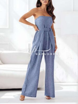 Дамски дълъг гащеризон с колан в син цвят - код G9167