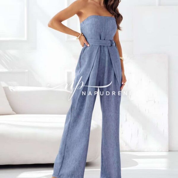 Дамски дълъг гащеризон с колан в син цвят - код G9167