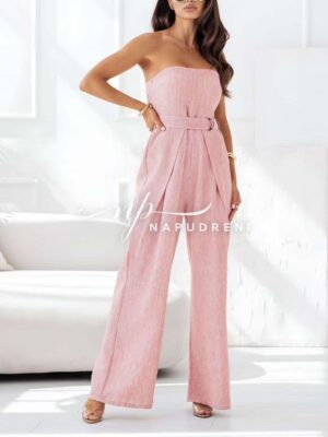 Дамски дълъг гащеризон с колан в розов цвят - код G9163