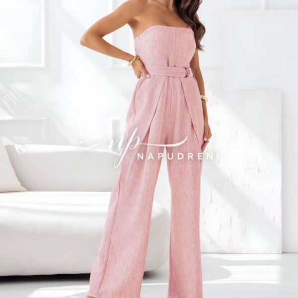 Дамски дълъг гащеризон с колан в розов цвят - код G9163