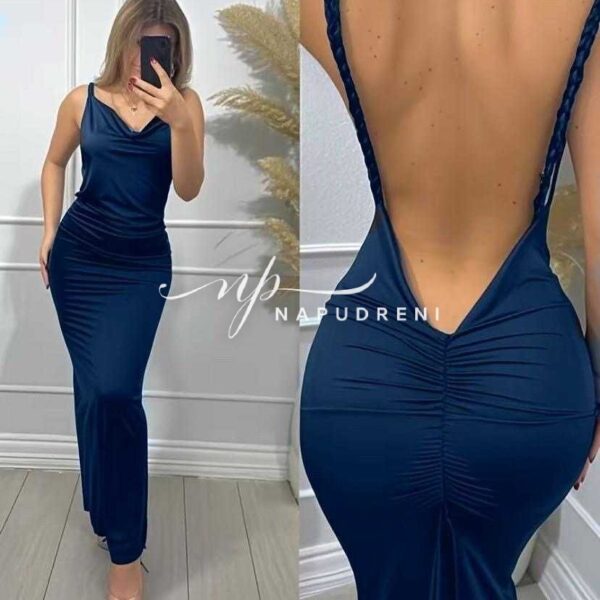 Дълга рокля с гол гръб в тъмносин цвят - код BL9504