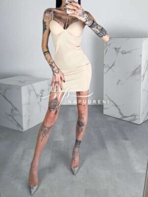 Стилна рокля с презрамки ''SAVYNNA'' в бежов цвят - код 9208