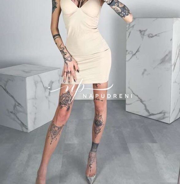 Стилна рокля с презрамки ''SAVYNNA'' в бежов цвят - код 9208