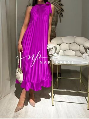 Дълга сатенена рокля солей в цикламен цвят - код G9221