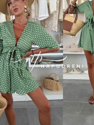 Къс гащеризон ''LEYLA'' в зелен цвят с бели точки - код G9558