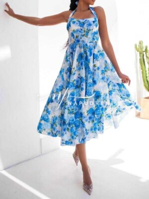 Ефирна рокля ''AZURA'' в син цвят със сини цветя - код BL9527