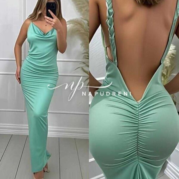 Дълга рокля с гол гръб в зелен цвят - код BL9502