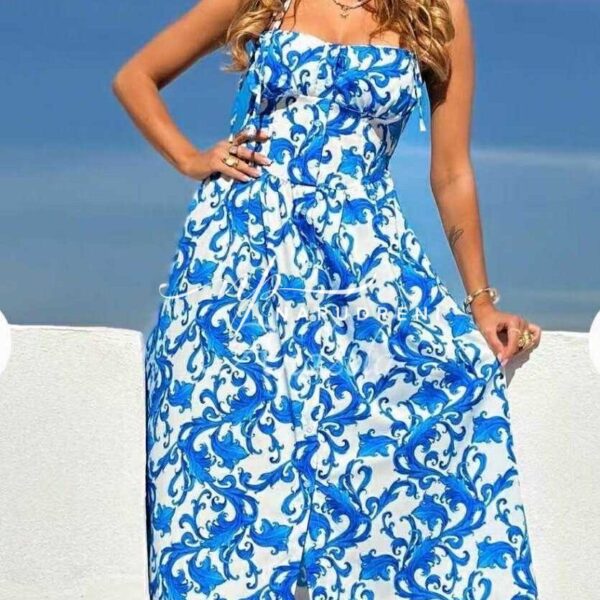 Дълга рокля с презрамки ''BORISSA'' в син цвят - код BL9566