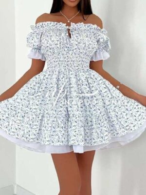 Разкроена рокля ”BLOOM” в бял цвят с цветя - код BL9592