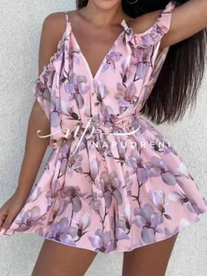 Къс гащеризон ''MENADA'' с цветя в розов цвят - код BL9647