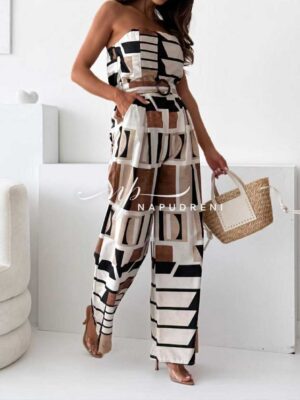 Гащеризон с колан и фигурален принт в бежов цвят - код G9657