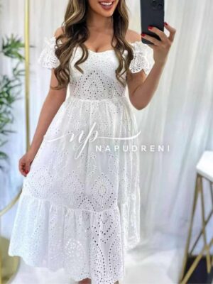 Дълга рокля с бродерия в бял цвят - код BL9721