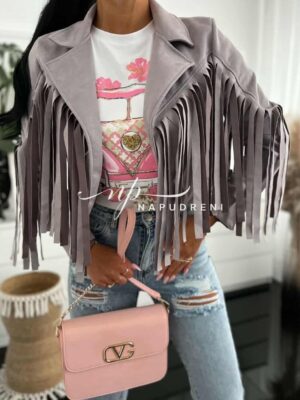 Стилно яке-пелерина с ресни в сив цвят - код BL9727