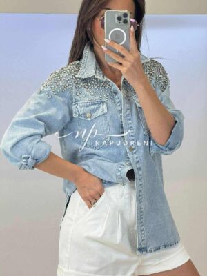 Дънкова риза с камъчета в светлосин цвят - код SE9734