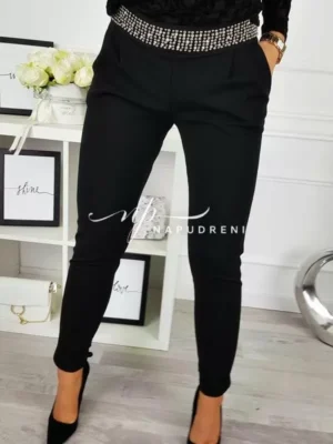 Стилен дамски панталон с камъчета в черен цвят - код 8569